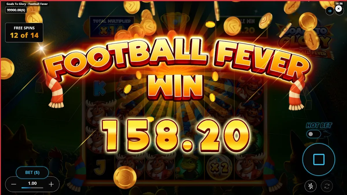 Interface do jogo Goals to Glory Football Fever com personagens animais e elementos de futebol